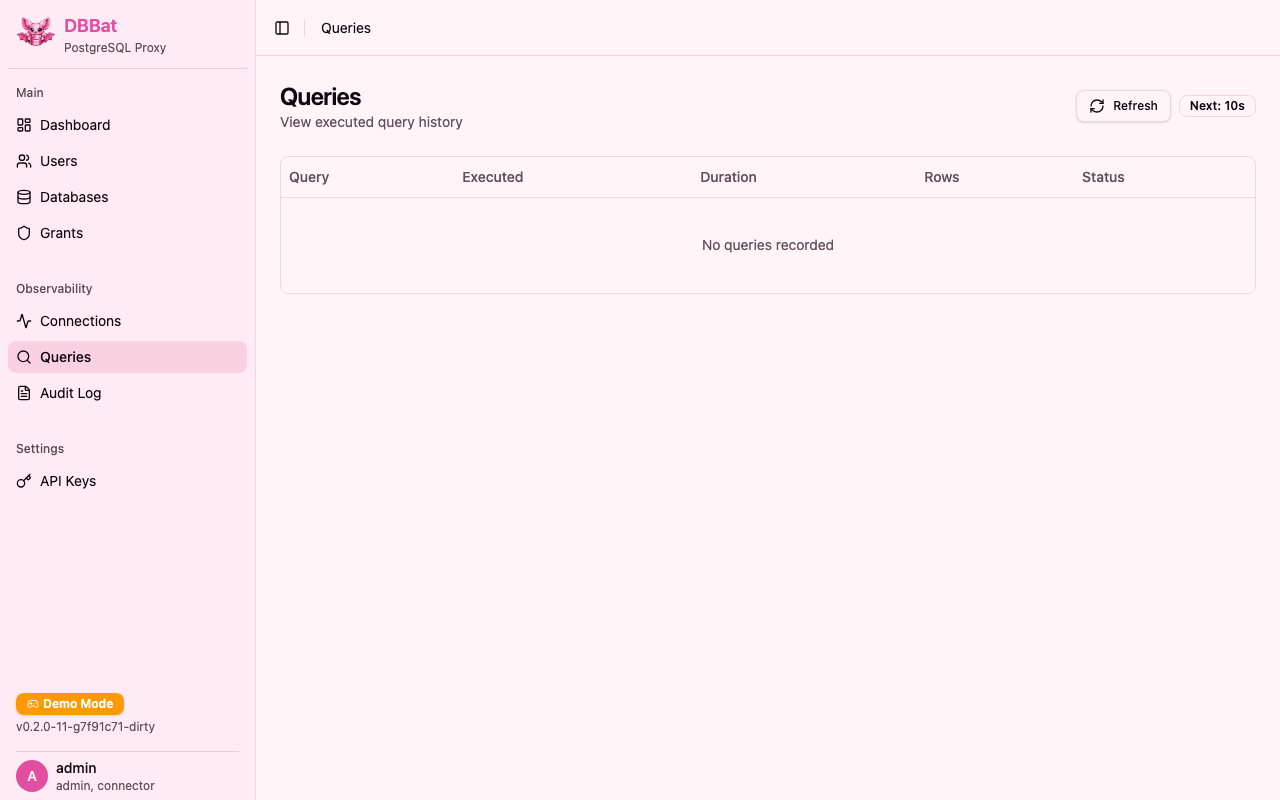 Query log with SQL details and execution times